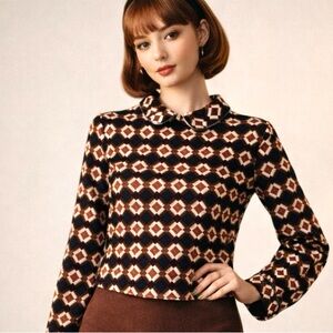 Marni Womens Geometric Printed Blouse Long Sleeve Top Size 10 Retro Mod Twee